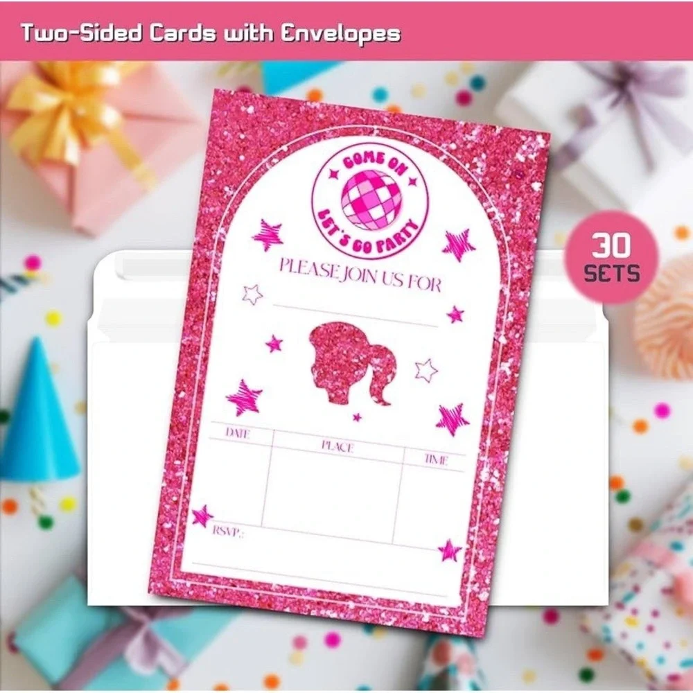 30 Barbie Birthday Party Invitations Envelopes NEW Pink Glitter Style Girly